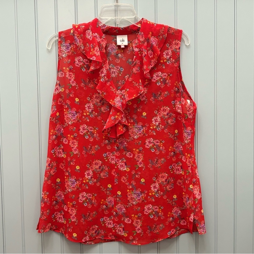 CAbi Red Floral Ruffle V-Neck Sleeveless Blouse